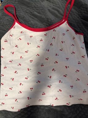 Brandy Melville White Cherry Print Tank with Red Trim